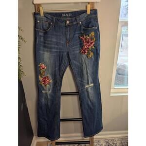 Grace in LA Flower Embroidered Blue Denim Jeans 34x32